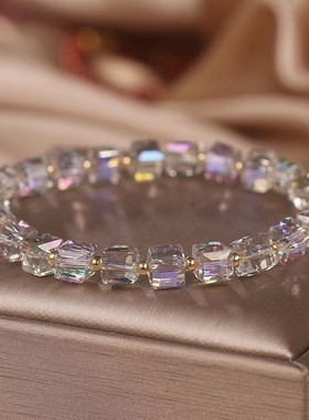 超闪！白色方糖水晶手链女小众轻奢高级感手环送同学闺蜜礼物手环