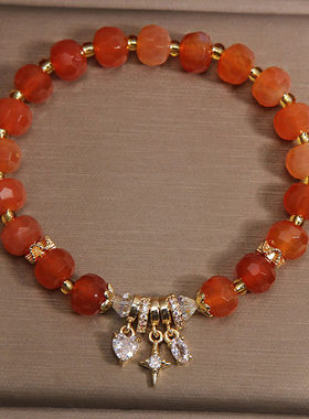 天然刻面红波斯湾水晶手链女轻奢小众微镶锆石爱心吊坠高级感手串