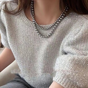 施家大溪地黑色珍珠项链女长款高级感双层叠戴秋冬真多麻灰毛衣链