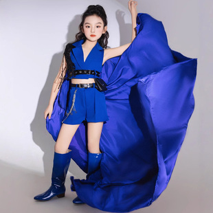 六一新款宝蓝西装套装带拖尾露脐款女王风潮服走秀t台服装中大童