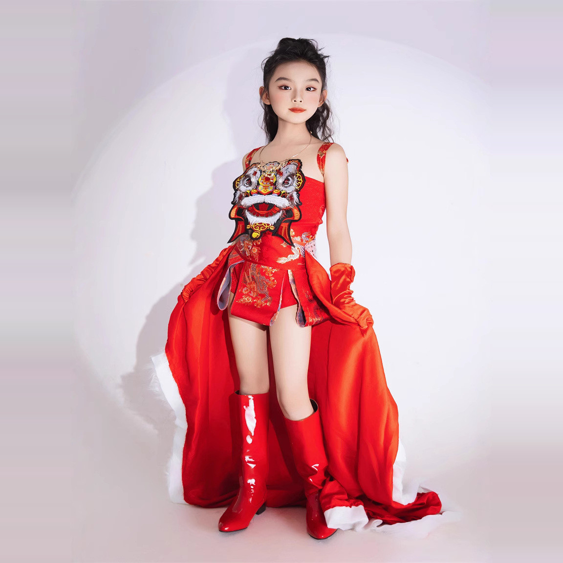 六一女童T台走秀服国风潮服大红儿童演出服
