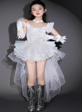 女童公主风T台女团秀服白色彭彭纱带拖尾爱豆洛丽塔花嫁生日洋气
