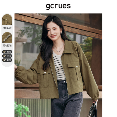gcrues复古工装外套女2024春秋新款夹克设计感上衣宽松小个子短款
