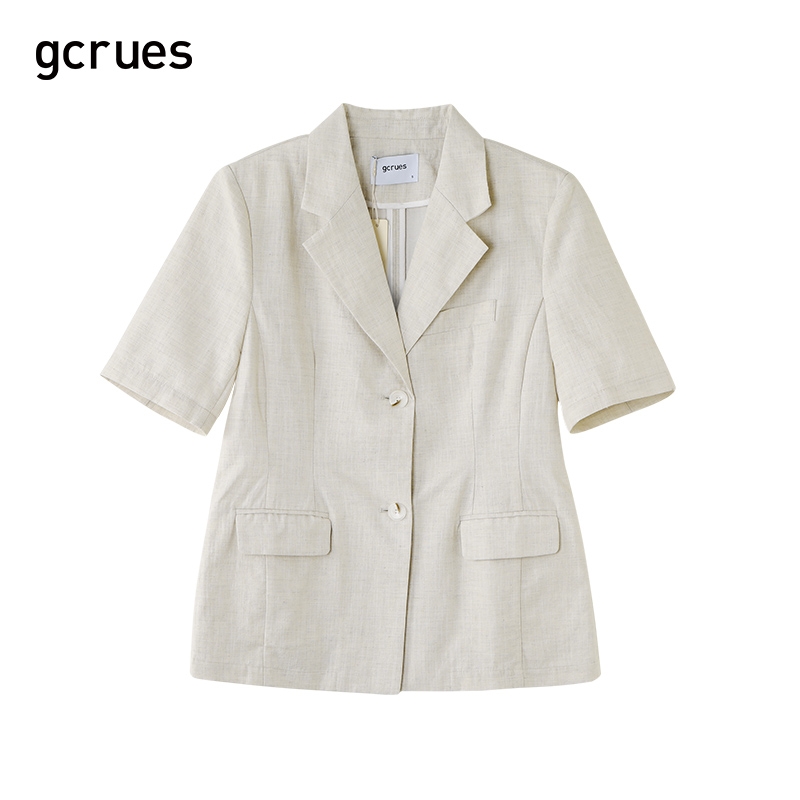 gcrues棉麻西装女薄款西服2024年夏季新款小众设计感短袖外套上衣