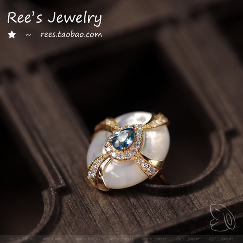 Ree原创海蓝宝钻石母贝18K戒指