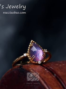 【Rees】如梦绮。天然紫晶白蝶贝拼合宝石18k黄金钻石戒指日本制