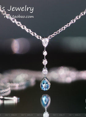 Ree原创 映梦 天然圣玛利亚海蓝宝水滴培育钻石吊坠设计师18K白金