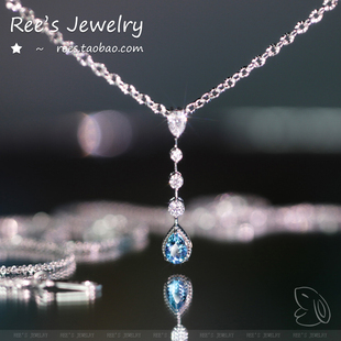 Ree原创 天然圣玛利亚海蓝宝水滴培育钻石吊坠设计师18K白金 映梦