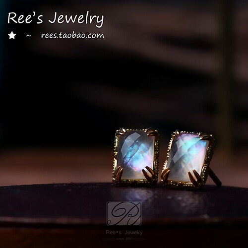 日本拼合天然炫彩宝石18k金耳钉