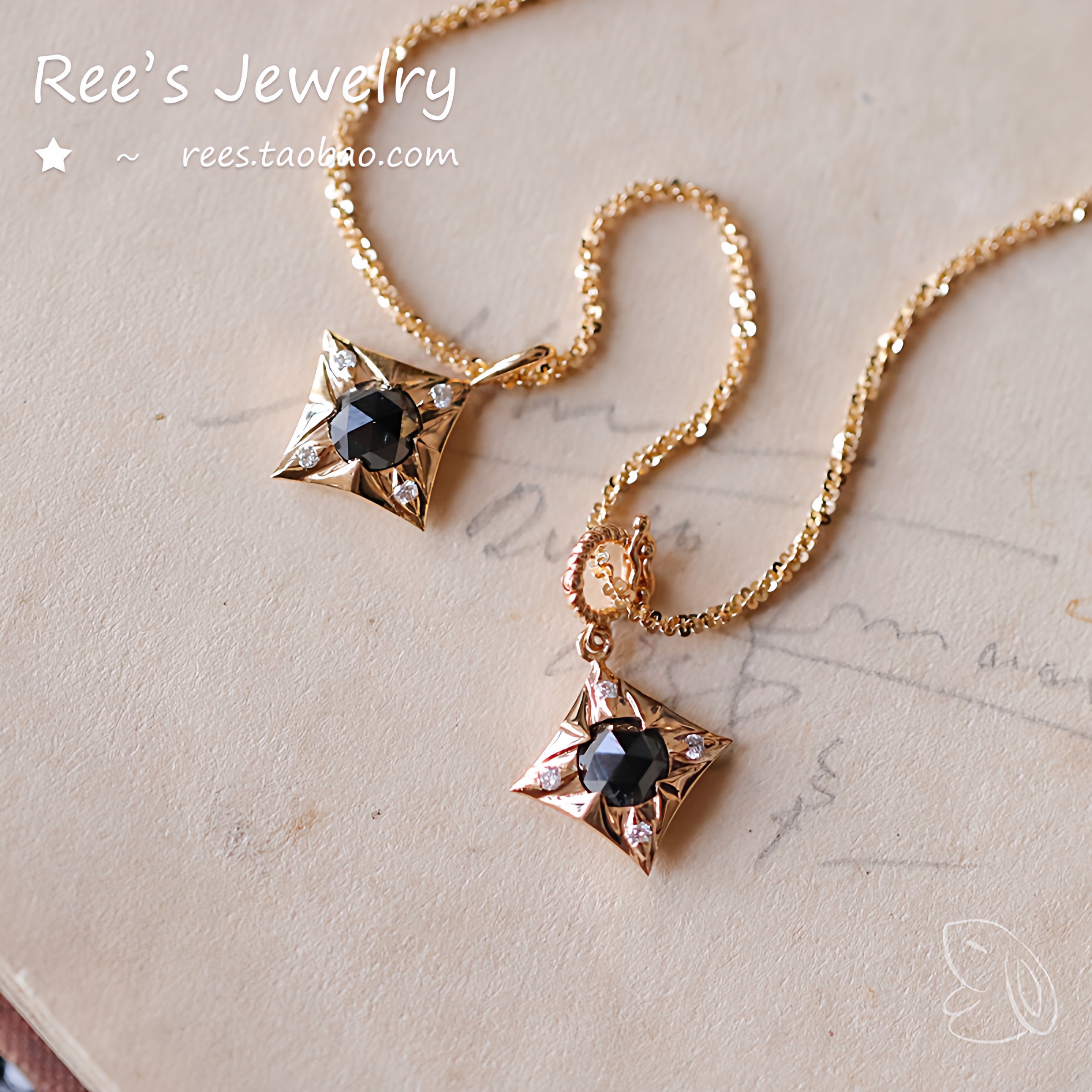 天然黑色钻石18K黄金中性吊坠