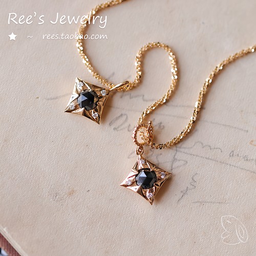 天然黑色钻石18K黄金中性吊坠