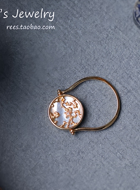 【Rees】世界彼端的信。天然白蝶贝钻石18k黄金镶钻石翻转戒指