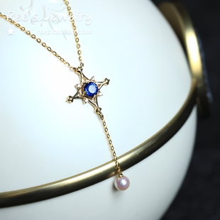 天然 矢车香溢 蓝宝石 akoya海水珍珠 项链 18k黄金 Rees