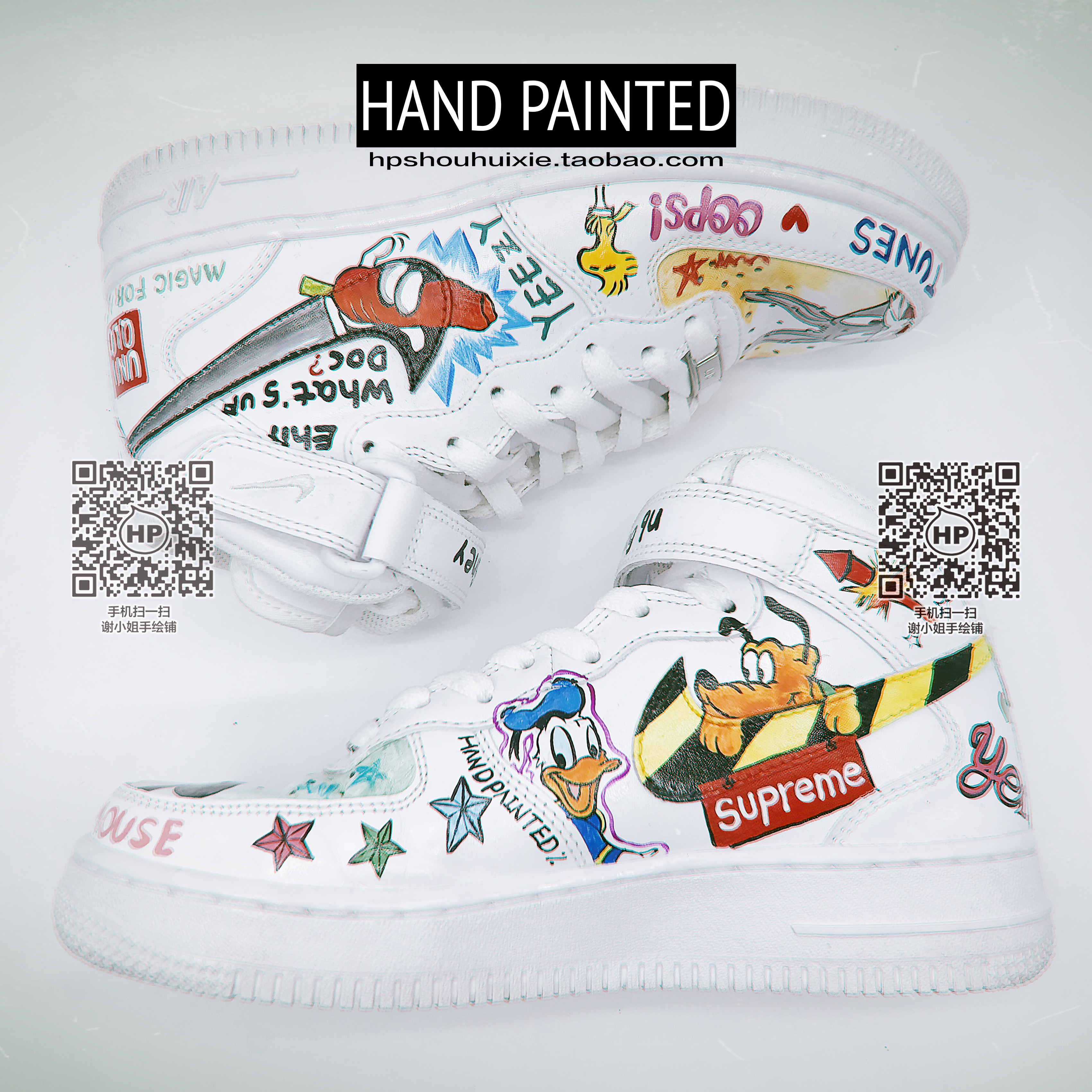 HP手绘定制空军一号球鞋AJ1高低帮AF1迪斯尼动漫米奇球鞋防水改造