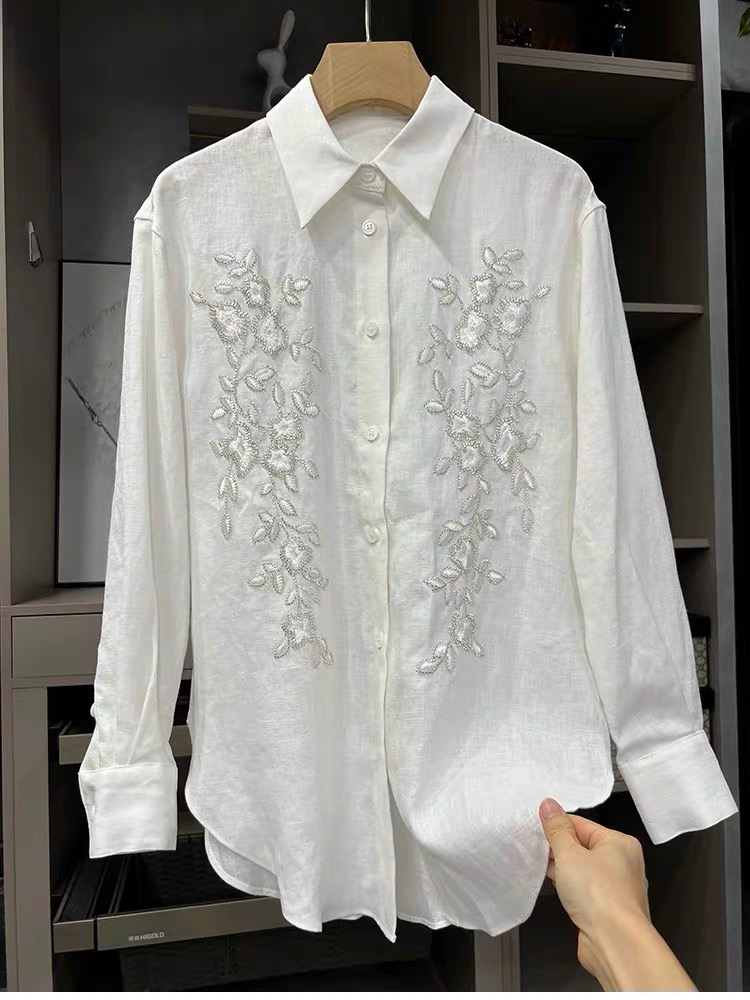 宽松百搭刺绣钉珠亚麻女衬衣