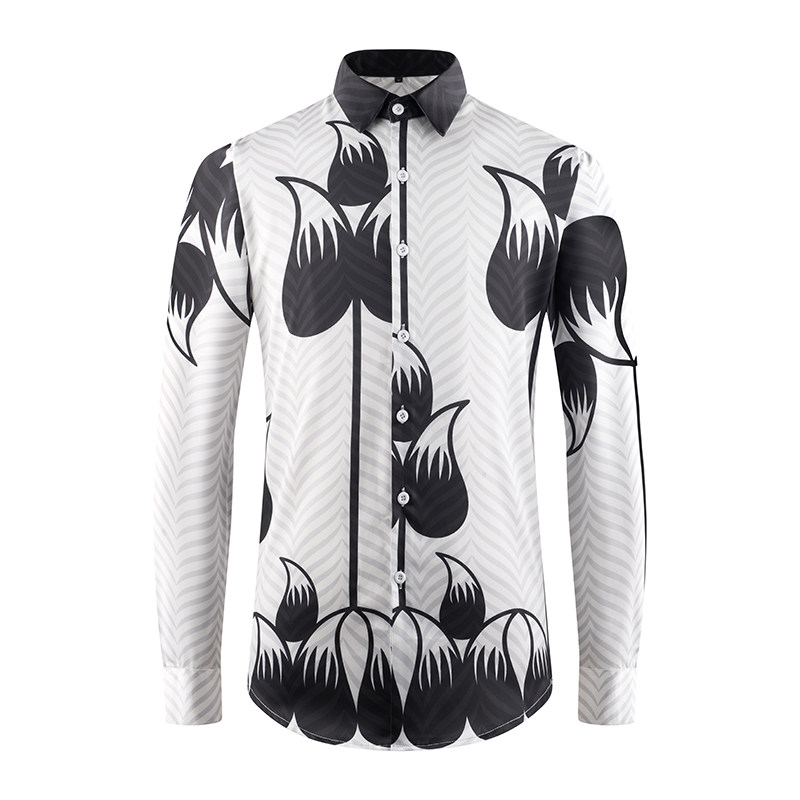 跨境新款男士印花翻领弹力长袖衬衫休闲舒适免烫衬衣欧美东南亚
