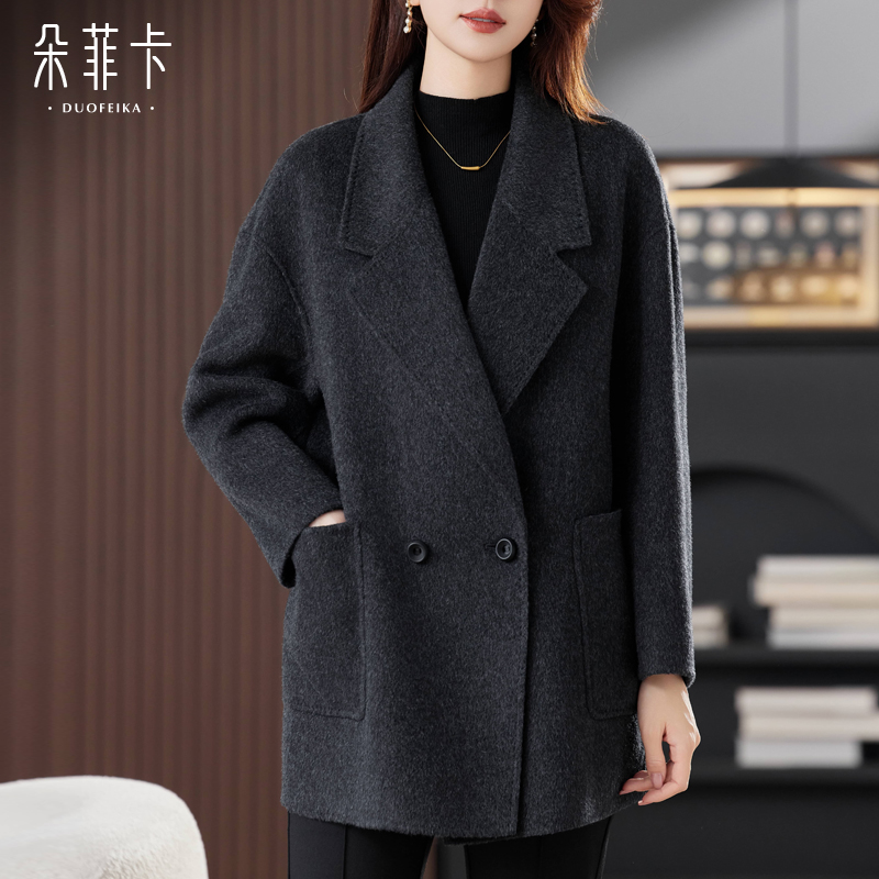 高级感西装领灰色双面羊绒大衣女短小个子2025秋冬新款羊毛呢外套