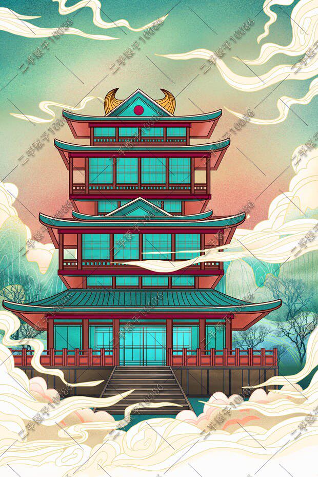 手绘插画中式传统古风建筑塔楼中国风元素田园景色psd设计素材