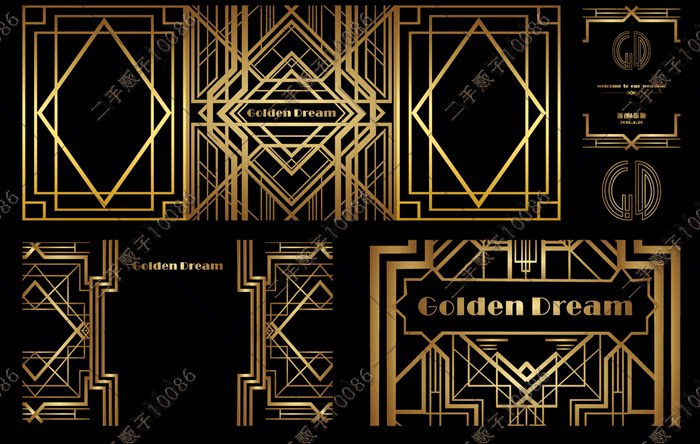 《golden dream》主题婚礼黑金色复古盖茨比风格素材矢量图设计