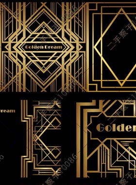 《Golden Dream》主题婚礼黑金色复古盖茨比风格素材矢量图设计