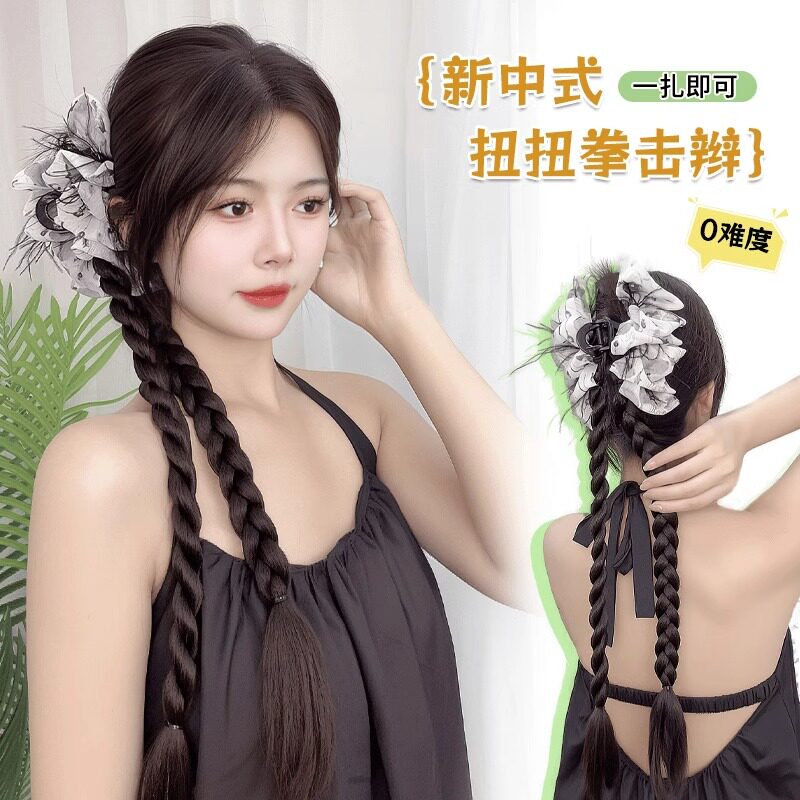 假发辫子女马尾麻花辫新中式侧边拳击辫仿真发夏日腰果花假发抓夹