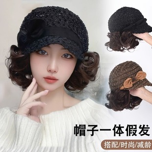 假发女帽子一体时尚 卷发气质蕾丝中老年妈妈假发帽全头套 遮白发款