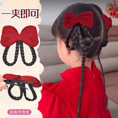 儿童假发头饰抓夹式 红色蝴蝶结假发麻花辫子发夹女童演出宝宝发饰