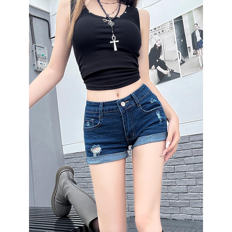 OIOI美式牛仔短裤女2025年夏季性感翻边直筒裤子高腰辣妹显瘦热裤