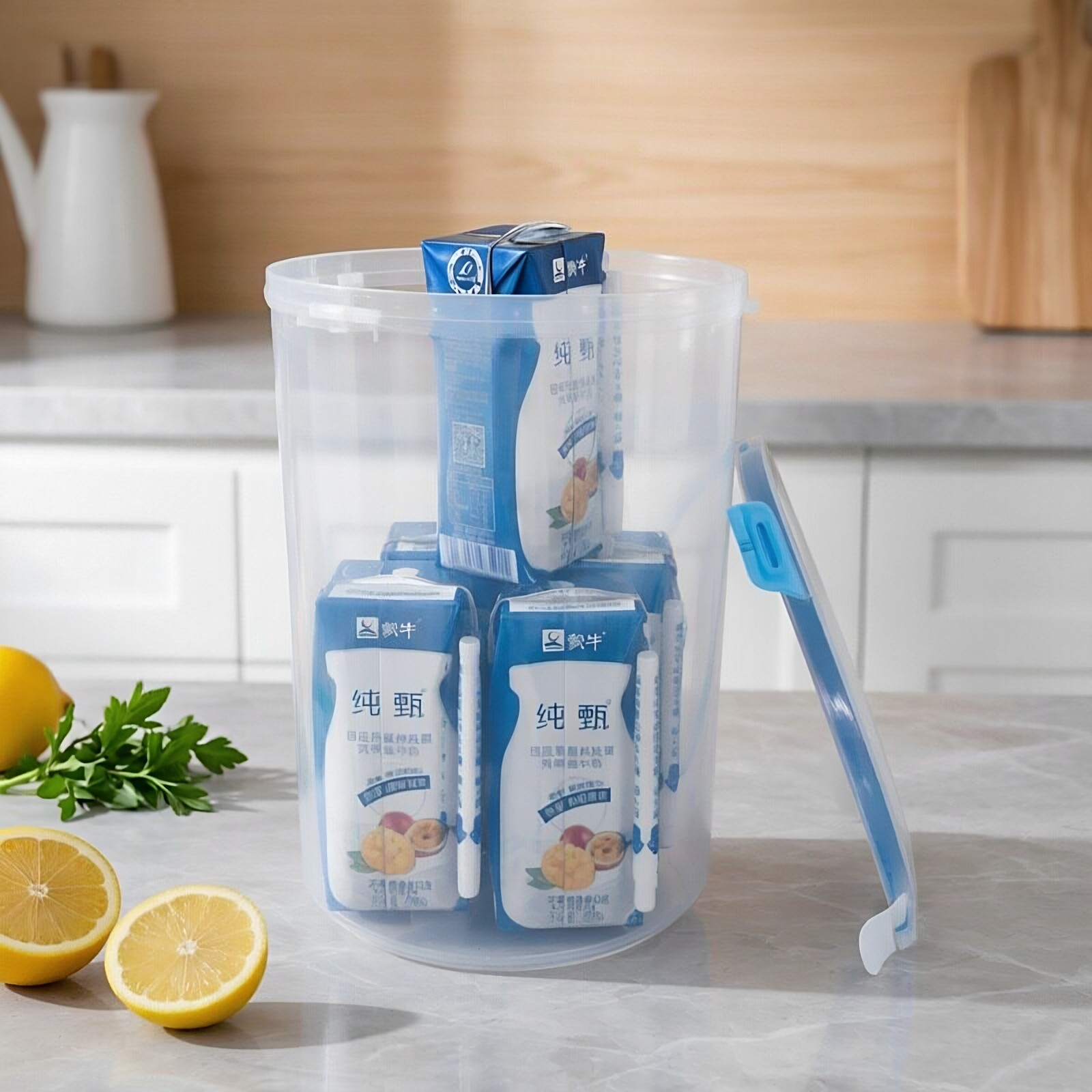 大号高身米桶透明塑料保鲜盒卡扣圆形收纳桶冷藏微波杂粮带盖罐子