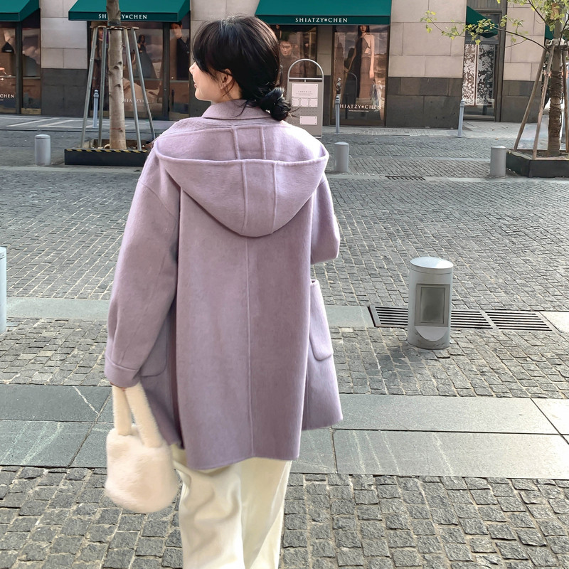 紫色针织围巾连帽双面呢羊毛大衣女秋冬2025新款时髦流行爆款外套,女装毛呢外套,2B143