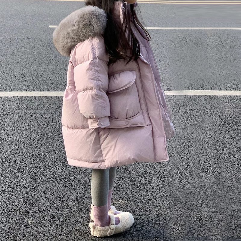 女童洋气大毛领连帽羽绒棉服儿童中长款棉衣2025新款加厚保暖