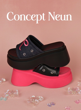 Concept Neun【超舒适~】凉拖女鞋厚底蝴蝶结刺绣增高牛仔粉色