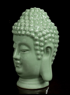 •原矿汝州汝瓷豆绿釉全手工佛头摆件家用陶瓷中式