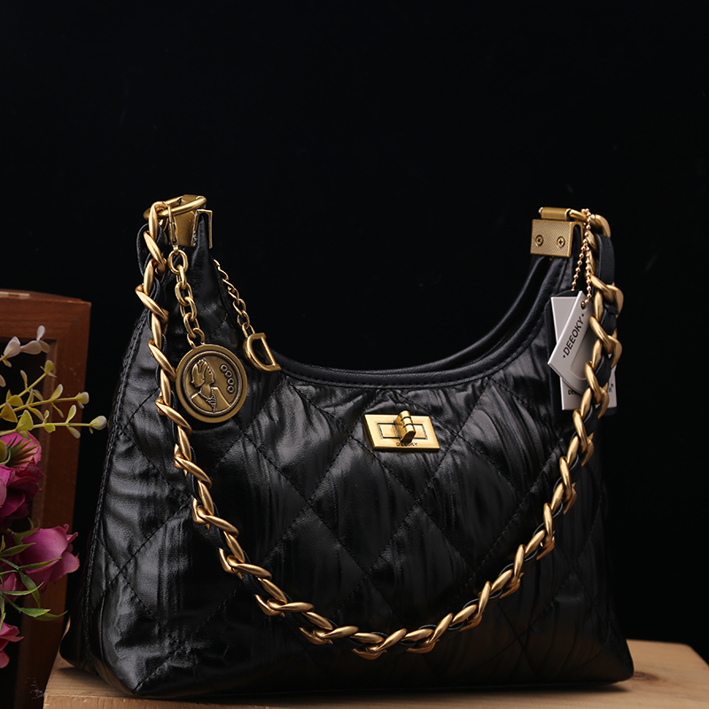 小D家正品真皮女包小香风菱格链条腋下包黑色高级感单肩斜挎大包