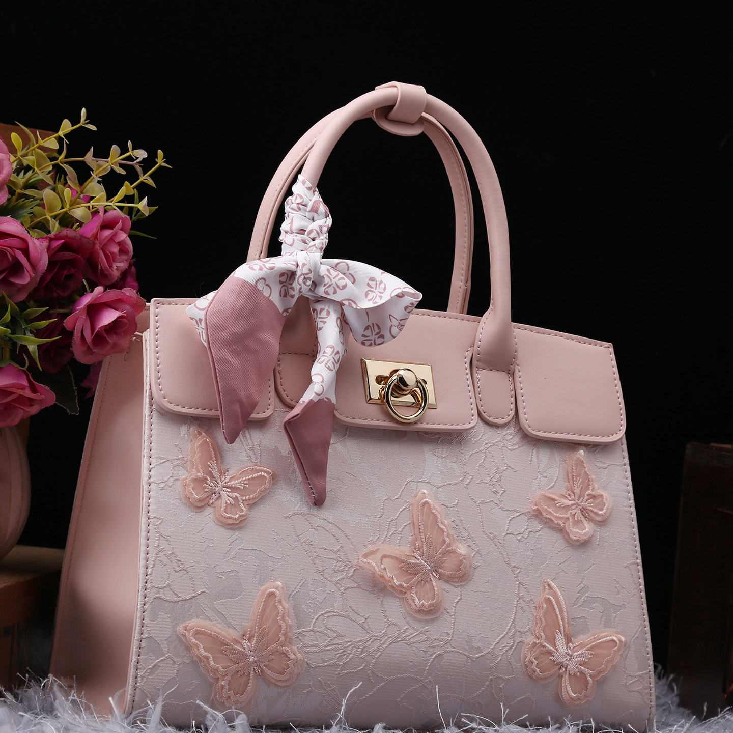 正品女包2026新款粉色蝴蝶刺绣托特包女手提包高级感丝巾百搭大包,箱包皮具/热销女包/男包,托特包,淘宝优惠券,粉丝福利购,淘宝优惠卷