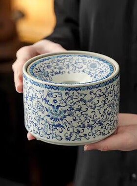 汝窑国风烟灰缸防飞灰缠枝莲茶洗陶瓷茶渣缸水盂杯洗家用茶具配件