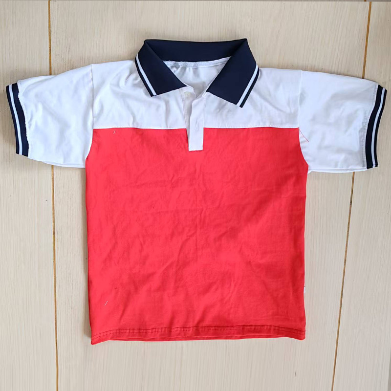 白色拼大红色校服短袖藏蓝领上白条男女通用T恤班服POLO衫上衣棉