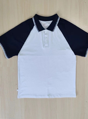 夏季白色藏蓝插肩袖中小学生校服短袖T恤上衣白边学生班服POLO衫