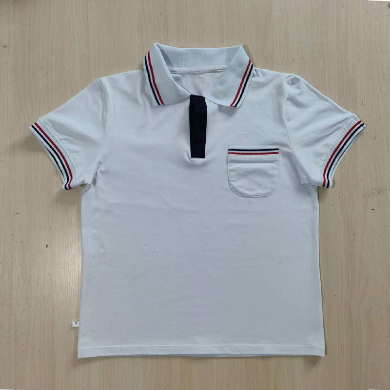 夏白色学生班服领子袖口红藏蓝条中小学生校服短袖T恤上衣POLO衫
