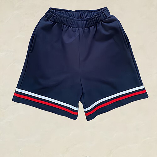 夏季藏蓝上白下红两道杠短裤宽松