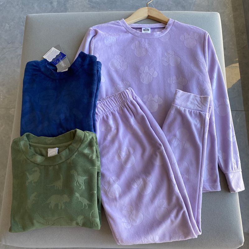 外贸单秋冬新款男童女童长袖上衣长裤子柔软绒睡衣儿童家居服套装