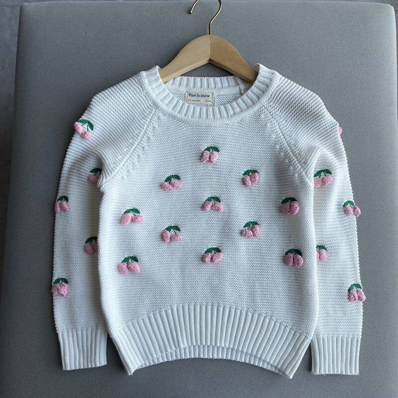 thumbnail for Autumn and winter new children's clothing, girls' small and medium-sized children's round neck long-sleeve cherry sweet top, knitted pure cotton sweater for children