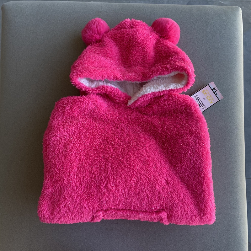 外贸单新款秋冬装玫红女童珊瑚绒绒球造型帽子儿童家居服睡衣睡袍