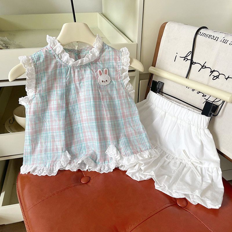 DZ25258女童套装 2025夏季新款法式蕾丝花边蓝色格子小兔花苞套装