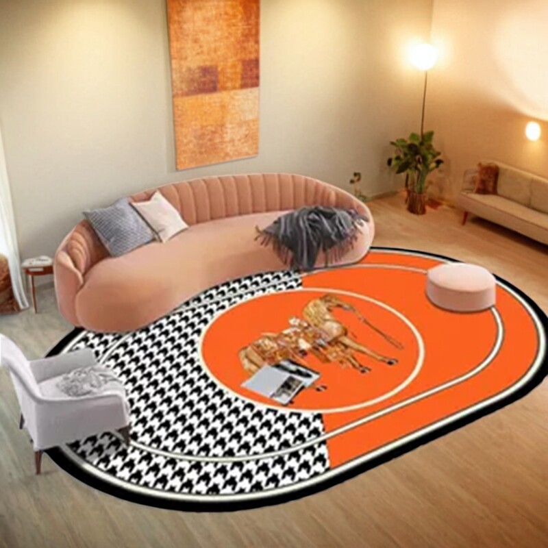 新款爱马橙色客厅地毯卧室床边毯椭圆形潮牌网红高级餐桌可擦地垫