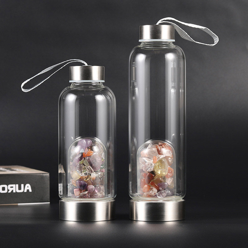 圆形能天然水晶玻璃杯提绳便携运动纯色透明碎石宝石水樽明星瓶量