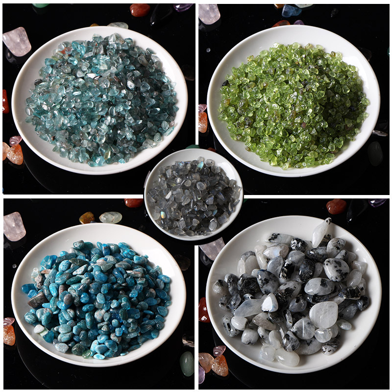 大小颗粒天然白水晶碎石灰月光石黑点橄榄透磷蓝银太阳蛋白石散装