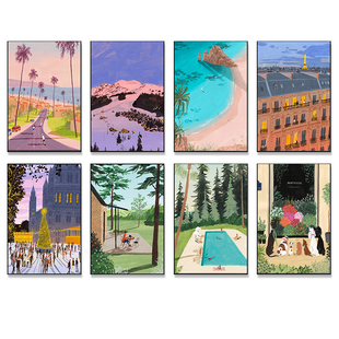 北欧抽象风景建筑蓝色海岸治愈系小众客厅艺术挂画油画布自粘画芯