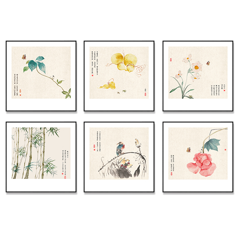 新中式高雅静物荷花竹子葫芦餐厅茶室书房装饰画画芯油画布自粘画