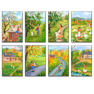 现代简约小众治愈系插画女孩装饰画芯打印中国风清新风景桌面挂画